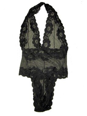 Deep V Plunge Sheer Black Floral Lace and Mesh Backless Halter Teddy OS (S/M)